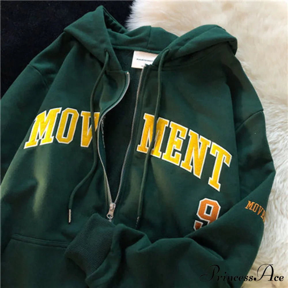 Retro Letter Print Loose Hoody Jacket - Image 9