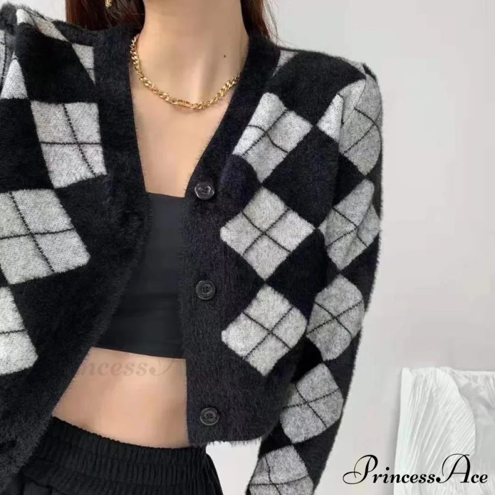 Plaid Black White Knitted Cardigan - Image 2
