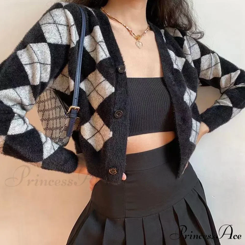 Plaid Black White Knitted Cardigan - Image 3