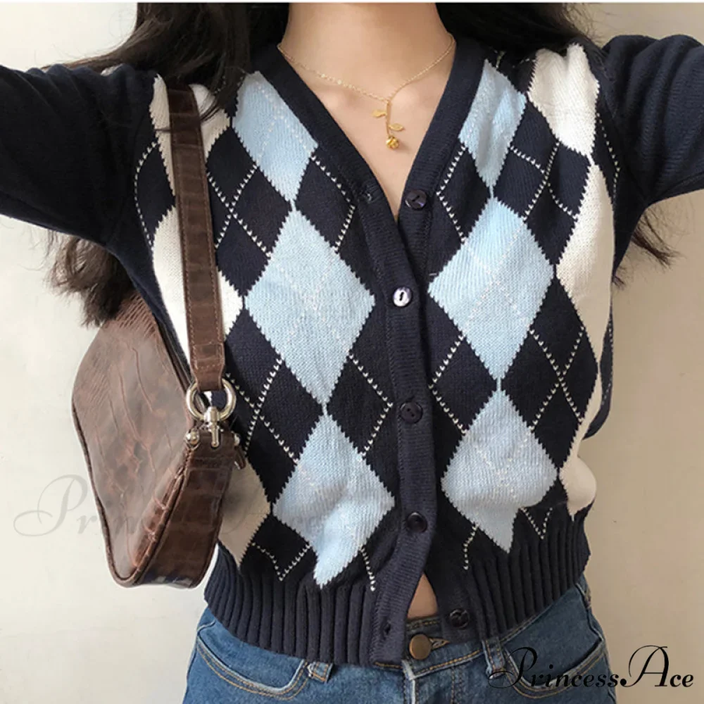 Vintage V-Neck Plaid Long Sleeve Cardigan - Image 2