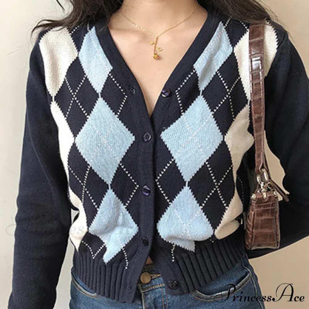 Vintage V-Neck Plaid Long Sleeve Cardigan - Image 4