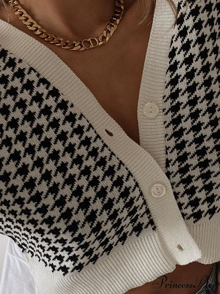 Houndstooth Print Vintage Cropped Cardigan - Image 3