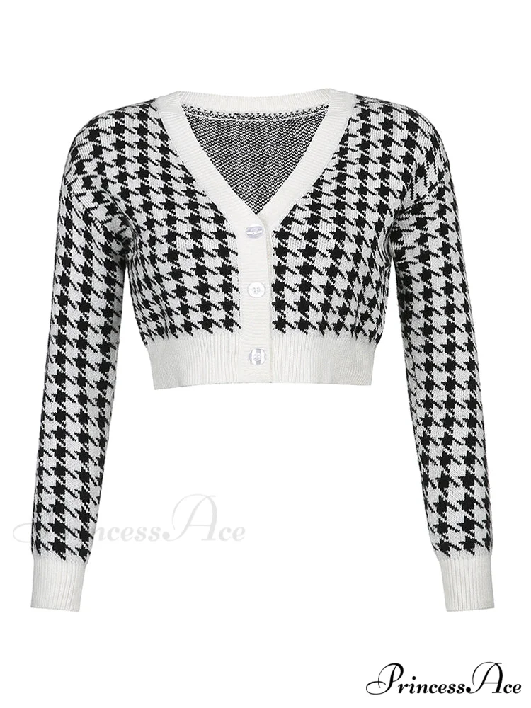 Houndstooth Print Vintage Cropped Cardigan - Image 4