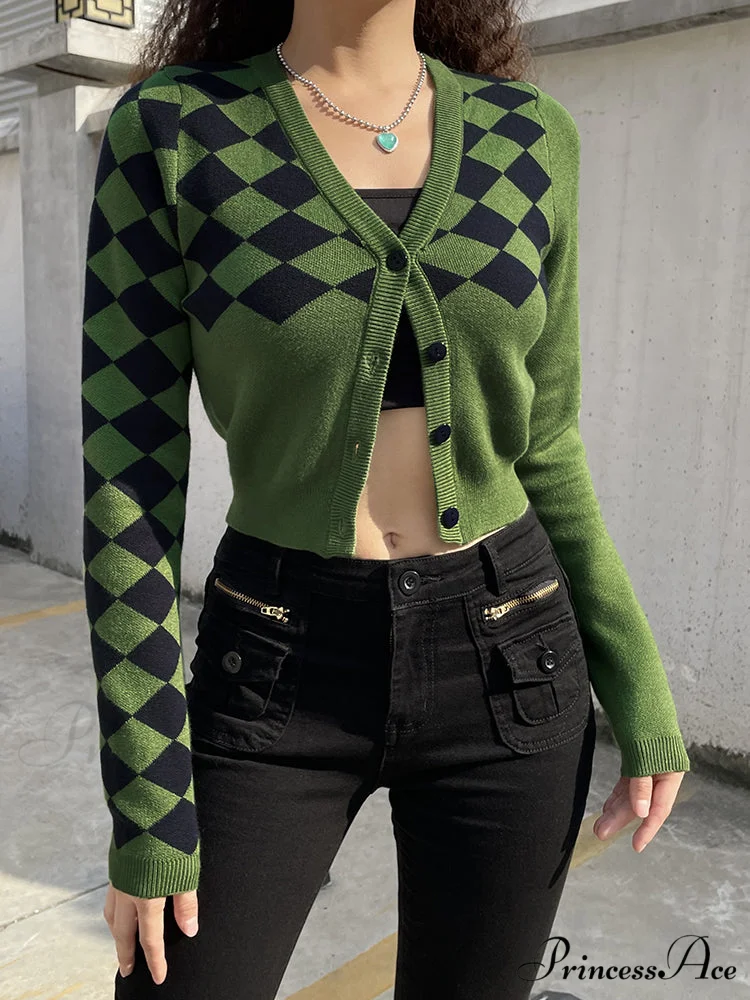 Fashion Plaid Green Cropped Knitted Cardigan - Image 2