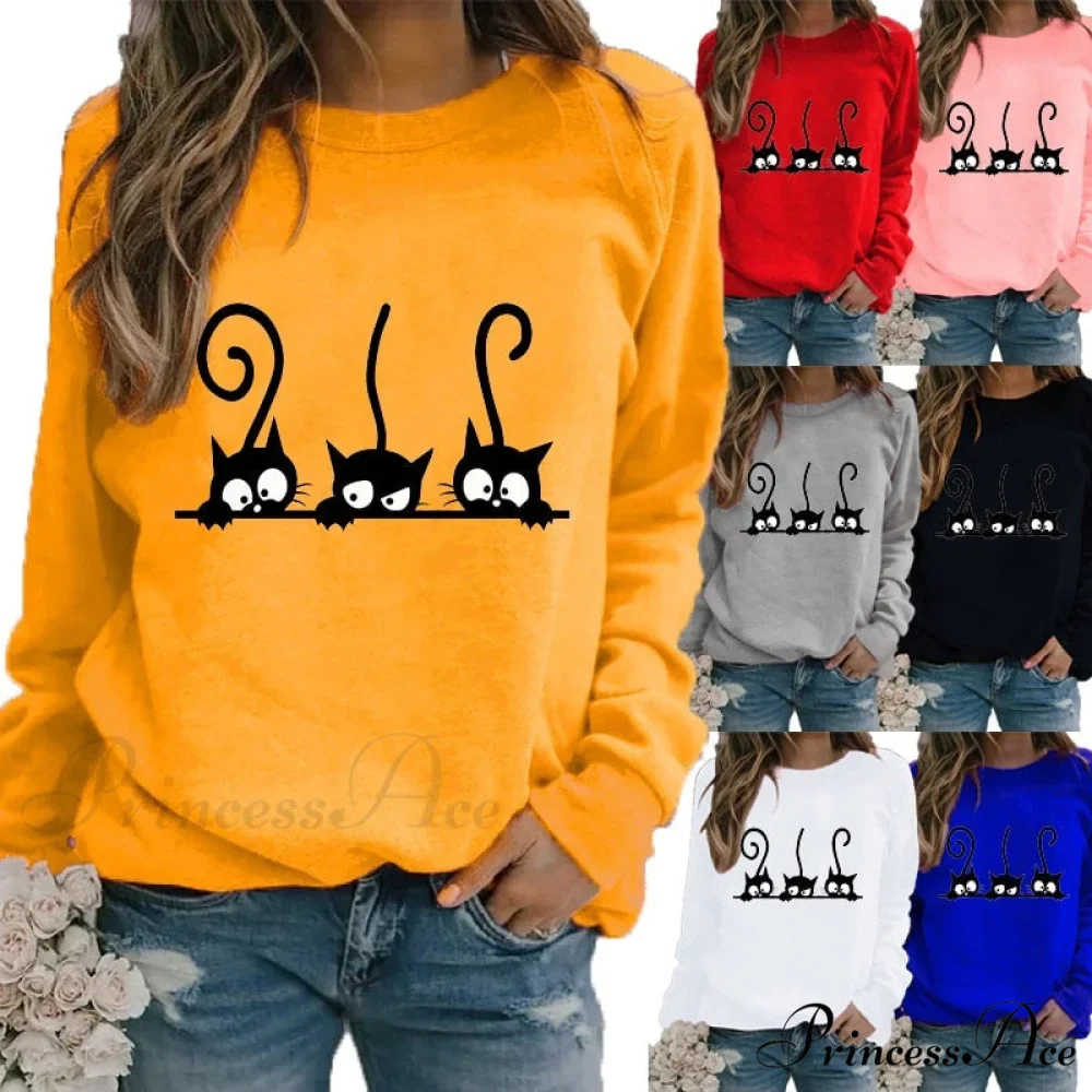 Round Neck Black Cats Printed Loose T-shirt - Image 2
