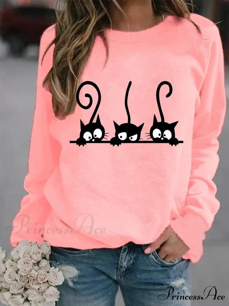 Round Neck Black Cats Printed Loose T-shirt - Image 3