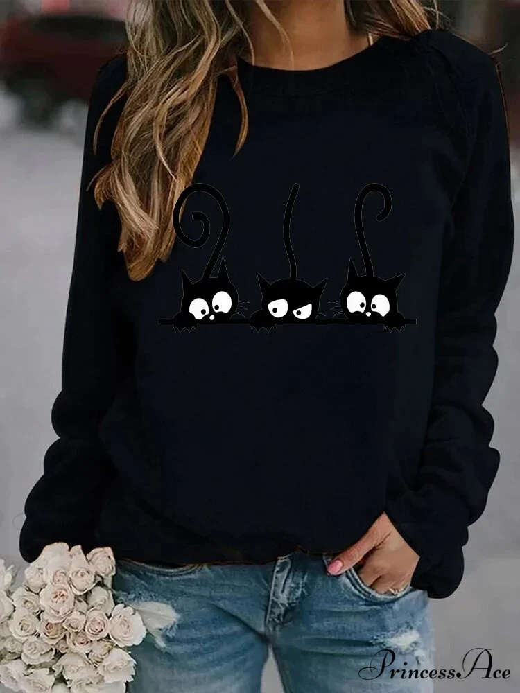 Round Neck Black Cats Printed Loose T-shirt - Image 4