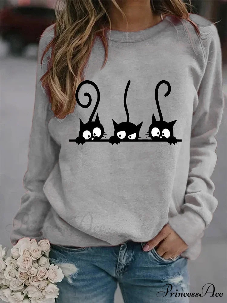 Round Neck Black Cats Printed Loose T-shirt - Image 5