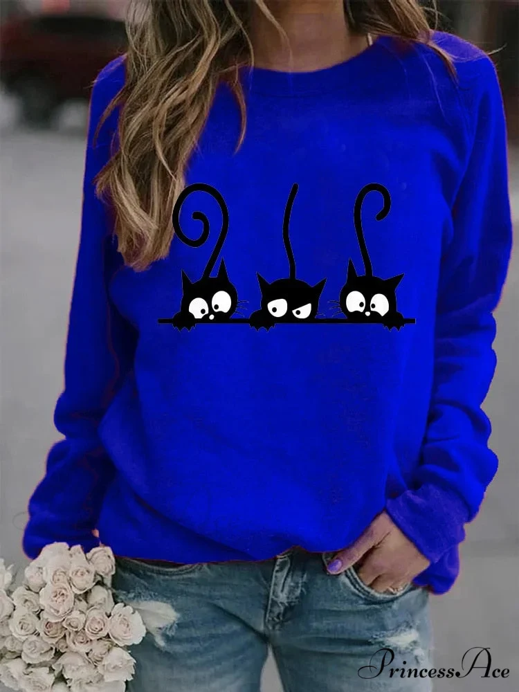 Round Neck Black Cats Printed Loose T-shirt - Image 6