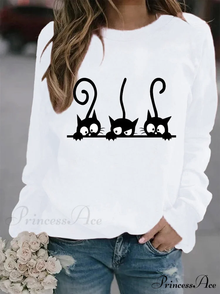 Round Neck Black Cats Printed Loose T-shirt - Image 7