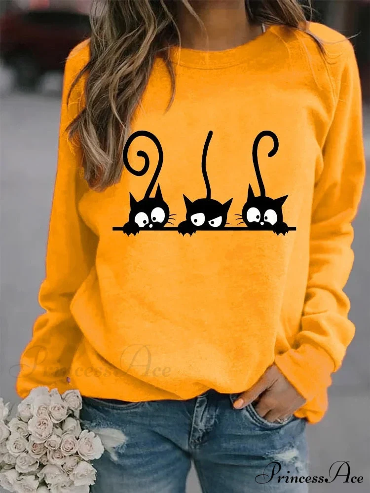 Round Neck Black Cats Printed Loose T-shirt - Image 8