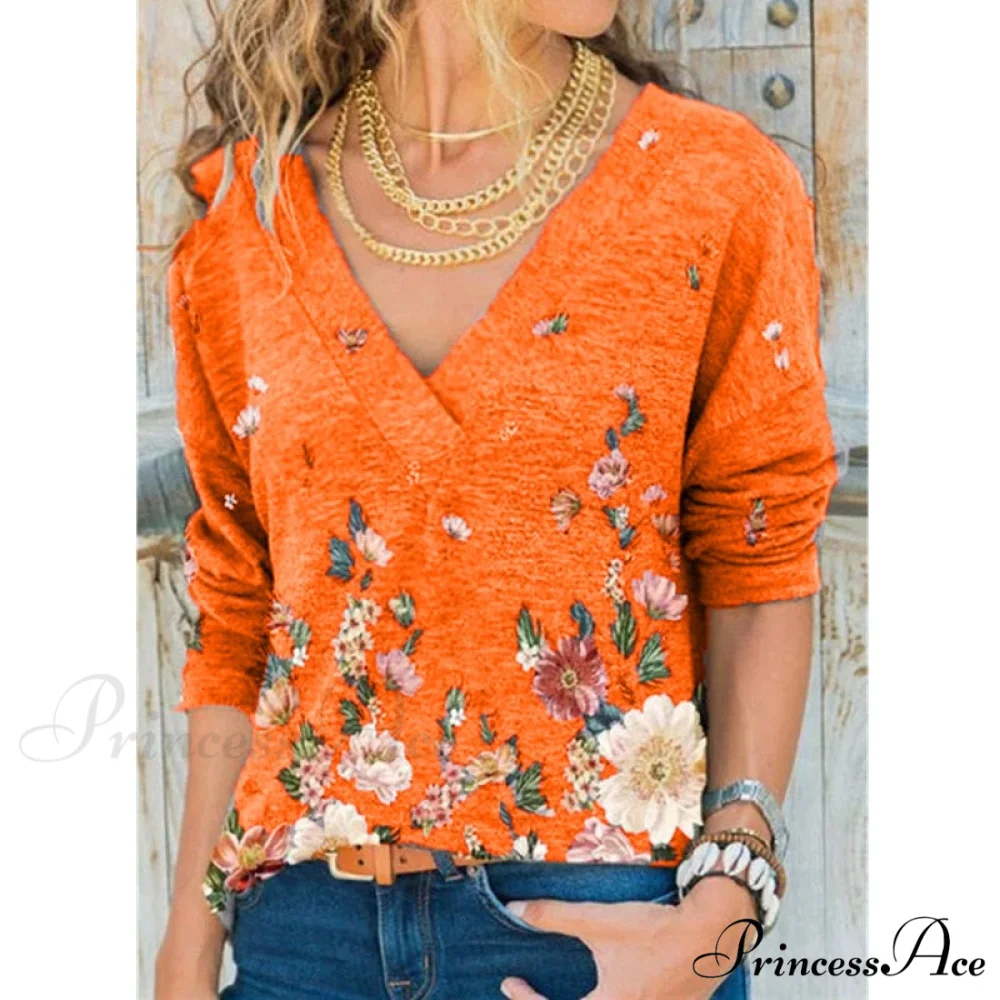V-neck Flower Print Long-sleeved T-shirt - Image 2