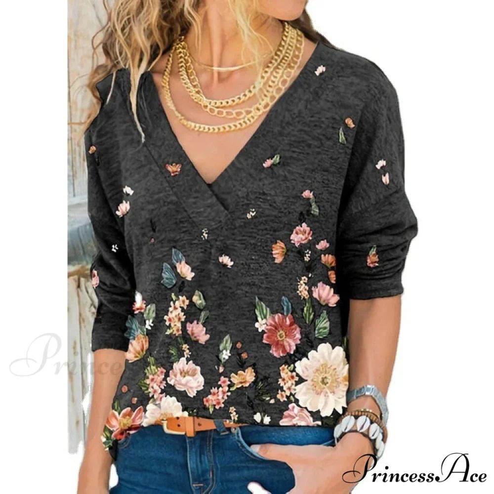 V-neck Flower Print Long-sleeved T-shirt - Image 6