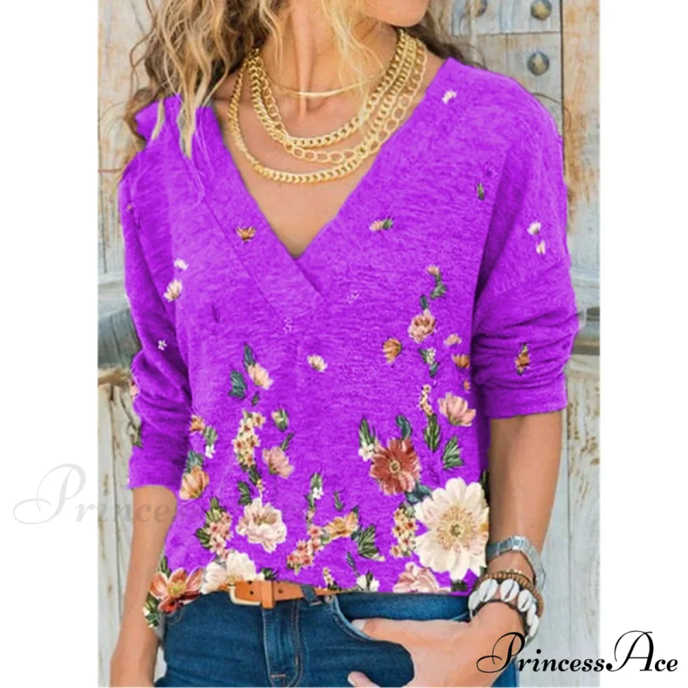 V-neck Flower Print Long-sleeved T-shirt - Image 8
