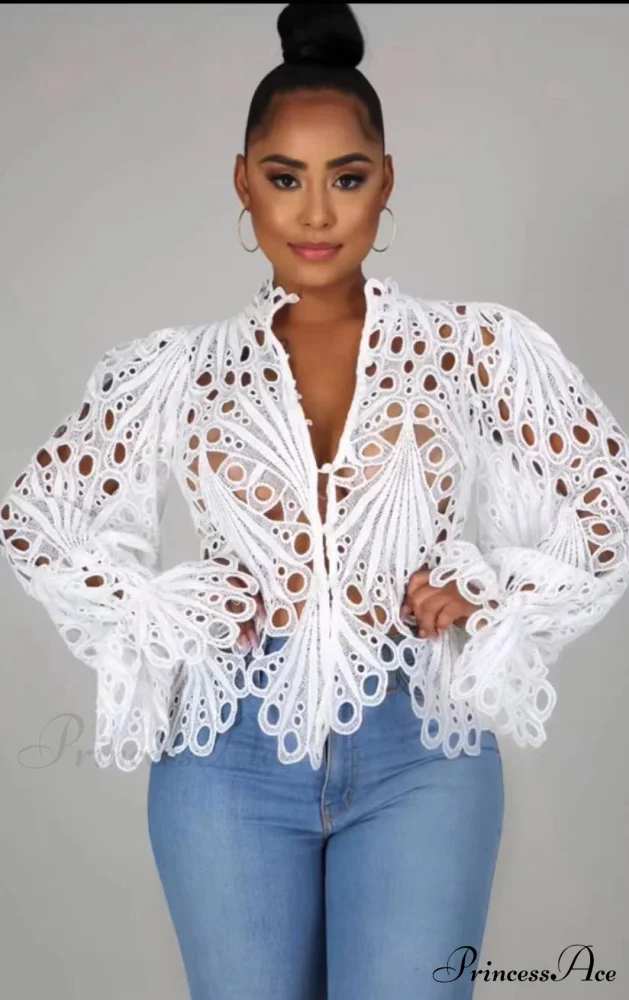 Elegant Lace See Though Ruffles Lantern Blouse - Image 6