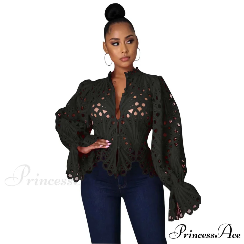 Elegant Lace See Though Ruffles Lantern Blouse - Image 8