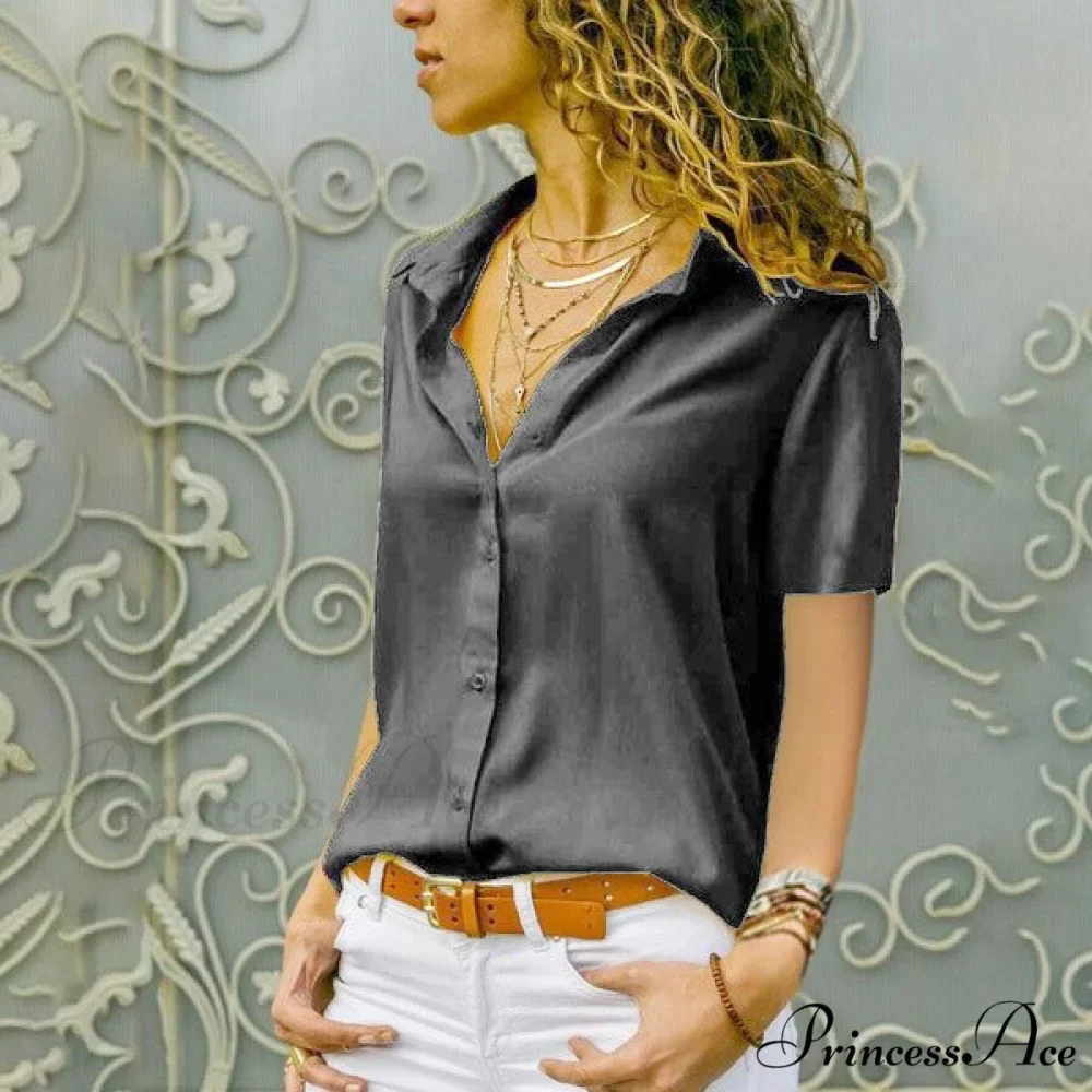 Solid Black V-Neck Chiffon Button Blouse - Image 4