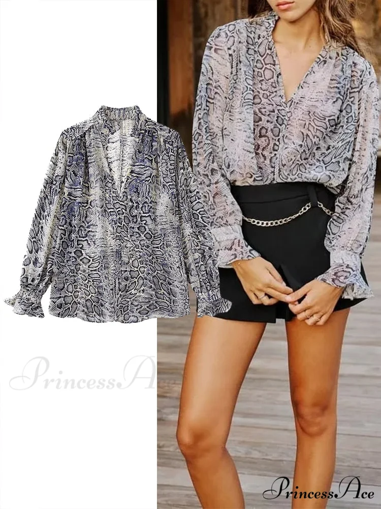 Animal Printed Long Sleeve V-Neck Blouse - Image 2