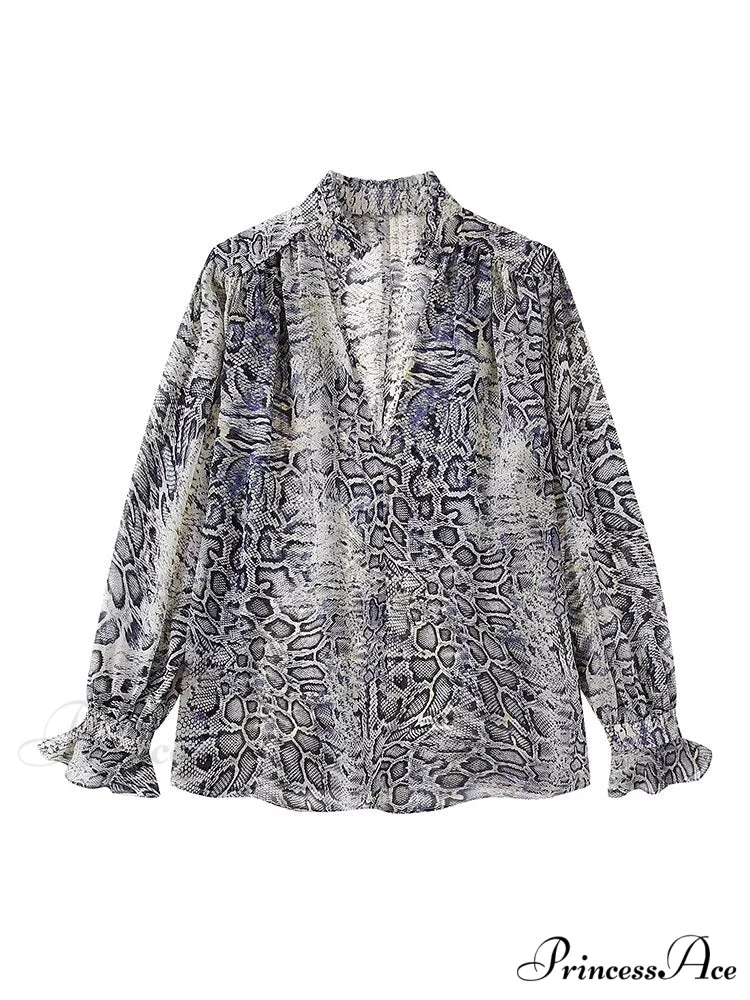 Animal Printed Long Sleeve V-Neck Blouse - Image 3