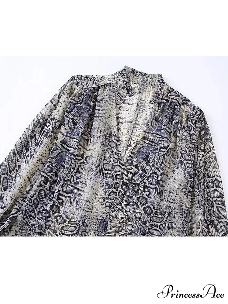Animal Printed Long Sleeve V-Neck Blouse - Image 6