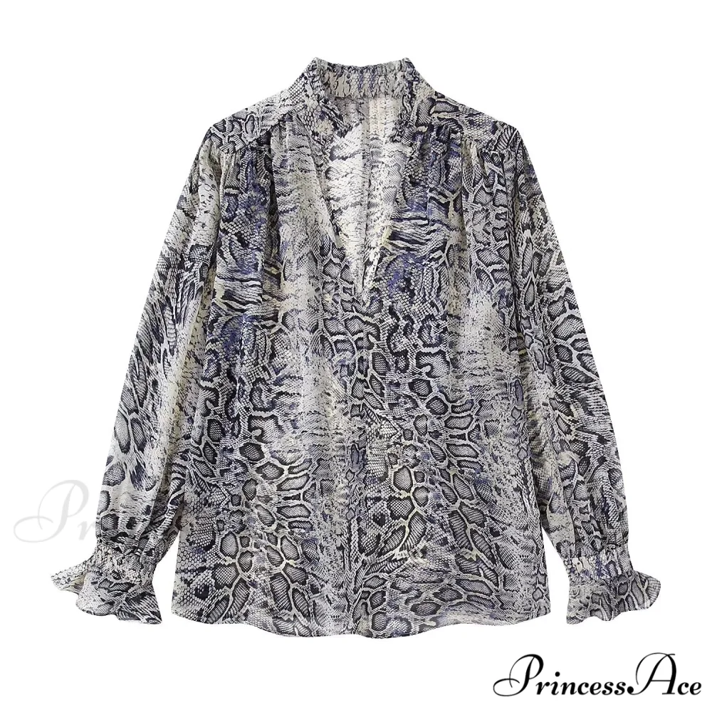 Animal Printed Long Sleeve V-Neck Blouse - Image 7