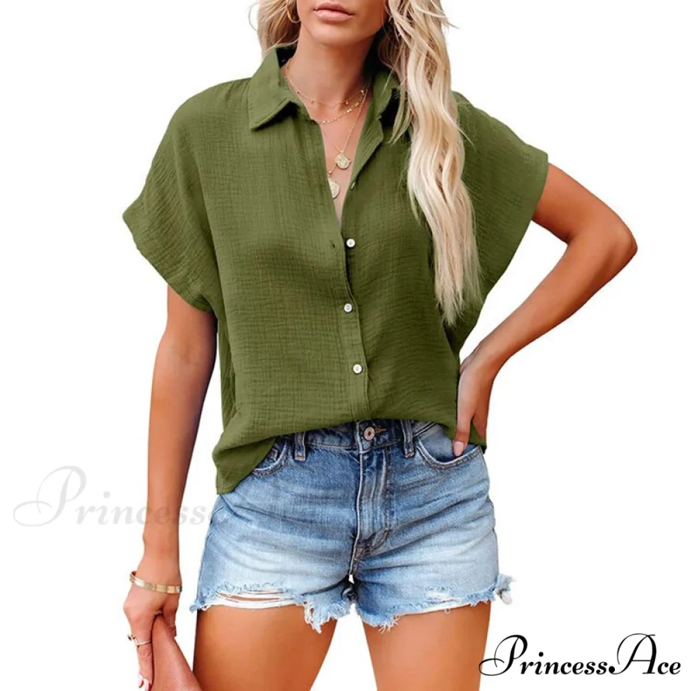 Elegant Short Sleeve Cotton Linen Batwing Blouses - Image 2