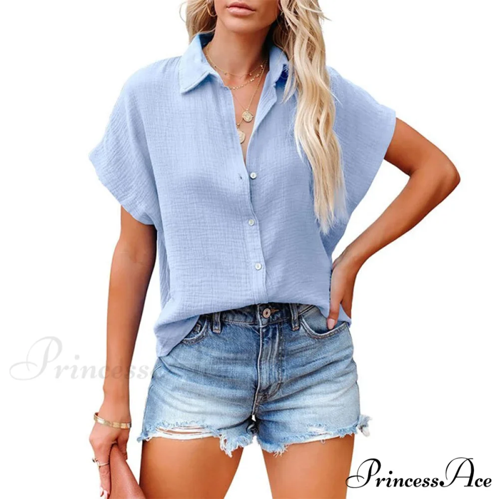 Elegant Short Sleeve Cotton Linen Batwing Blouses - Image 3