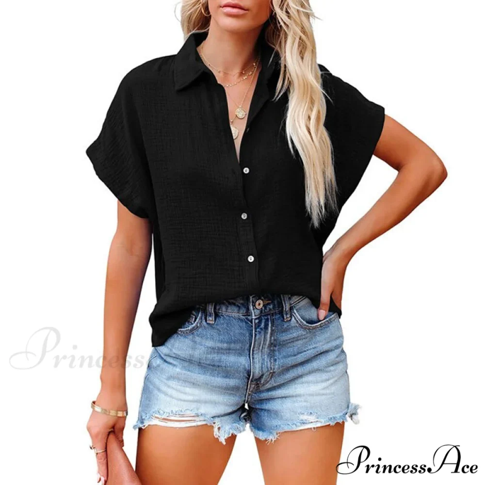 Elegant Short Sleeve Cotton Linen Batwing Blouses - Image 4