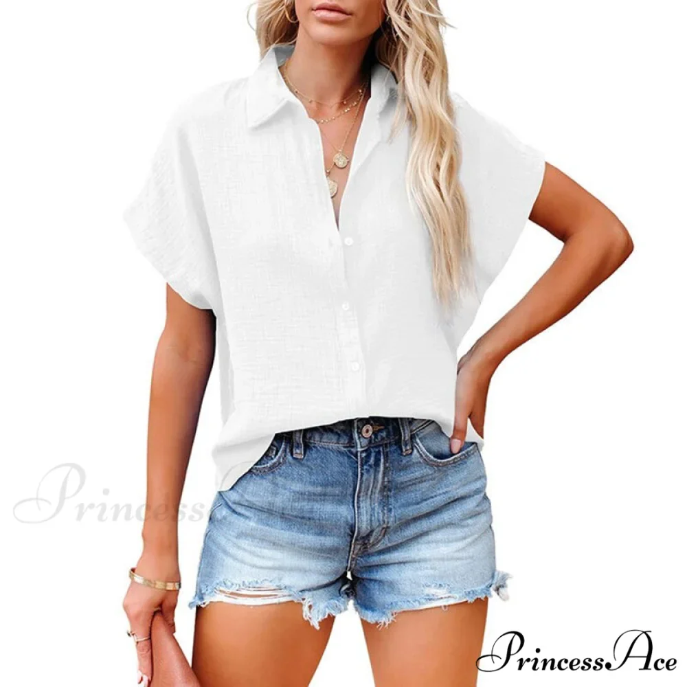 Elegant Short Sleeve Cotton Linen Batwing Blouses - Image 5