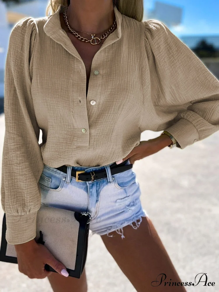 Solid Color Long Sleeve Cotton Blouse - Image 2