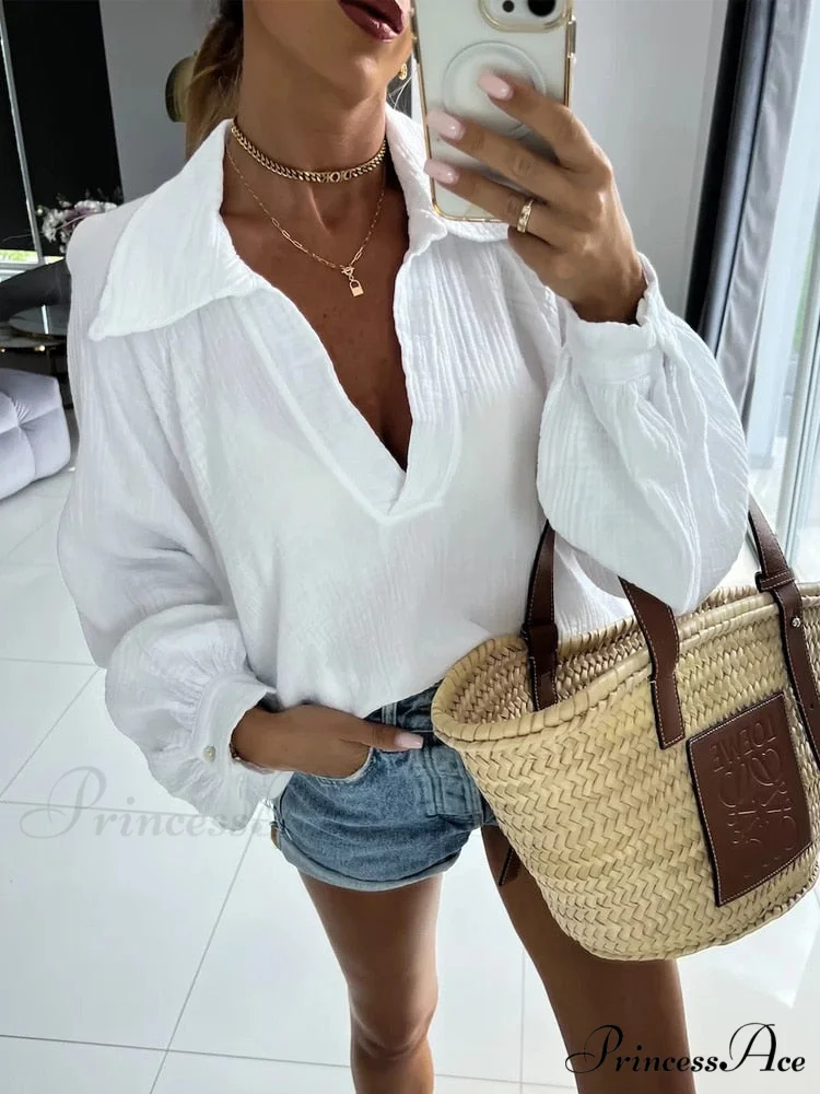 Solid Color Long Sleeve Cotton Blouse - Image 4