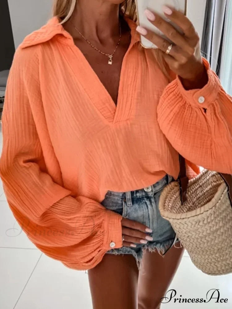 Solid Color Long Sleeve Cotton Blouse - Image 6