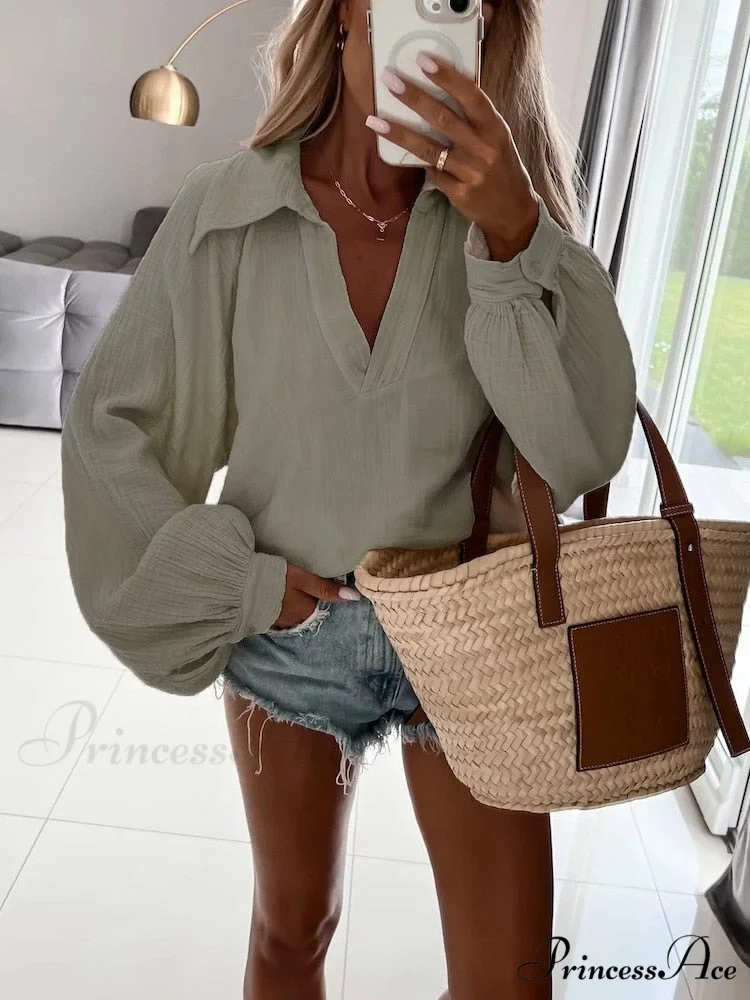 Solid Color Long Sleeve Cotton Blouse - Image 7