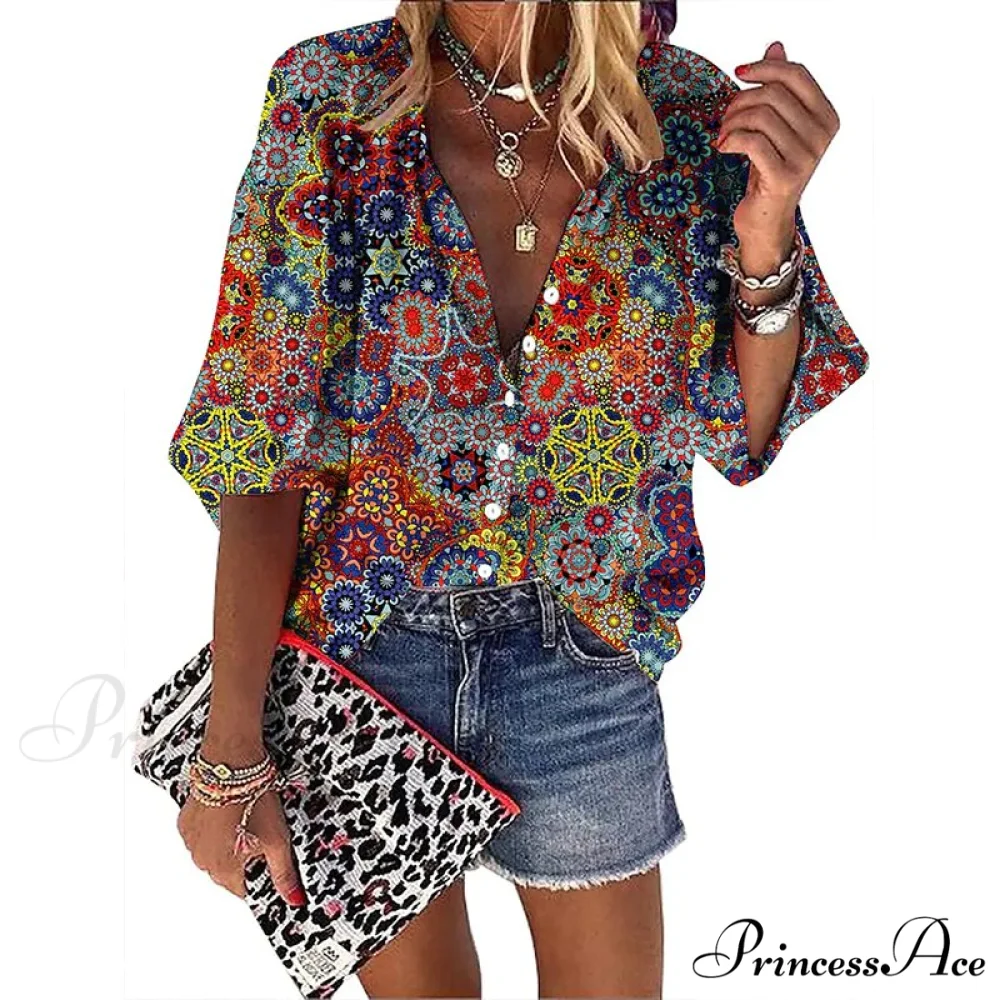 Vintage Loose Stamens Print Blouses - Image 15