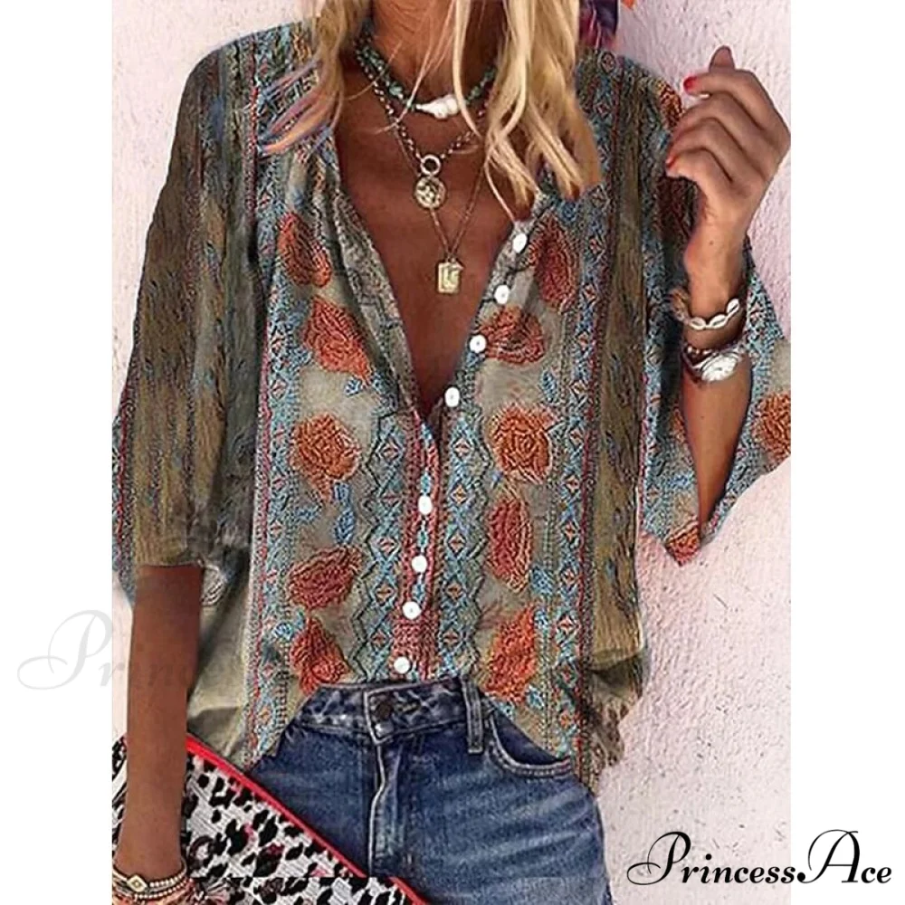 Vintage Loose Stamens Print Blouses - Image 2