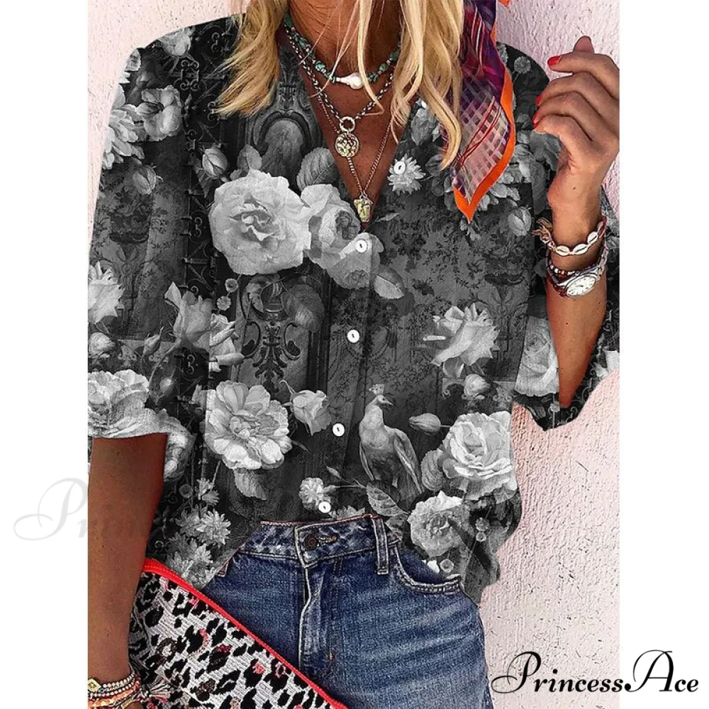Vintage Loose Stamens Print Blouses - Image 4