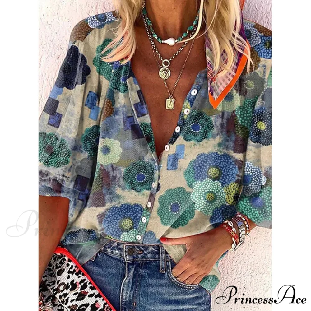 Vintage Loose Stamens Print Blouses - Image 7
