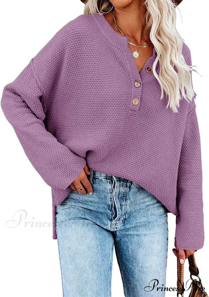 Women's Batwing Long Sleeve Loose V Neck Button Top - Image 12
