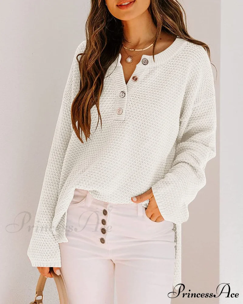 Women's Batwing Long Sleeve Loose V Neck Button Top - Image 2