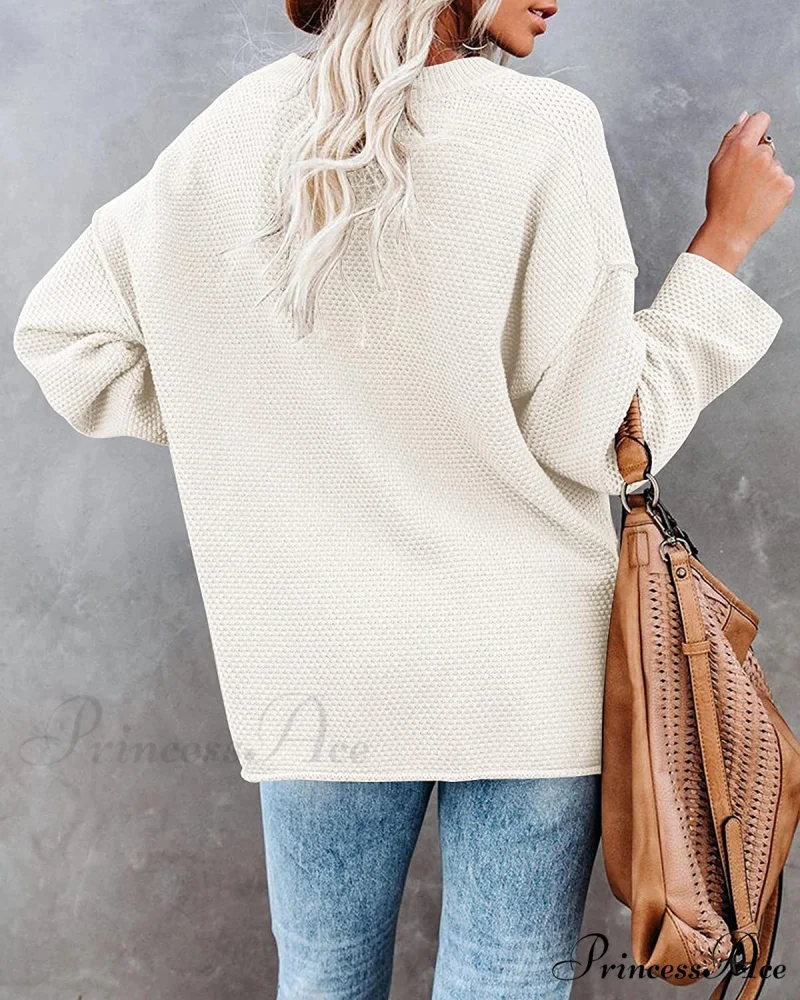 Women's Batwing Long Sleeve Loose V Neck Button Top - Image 3