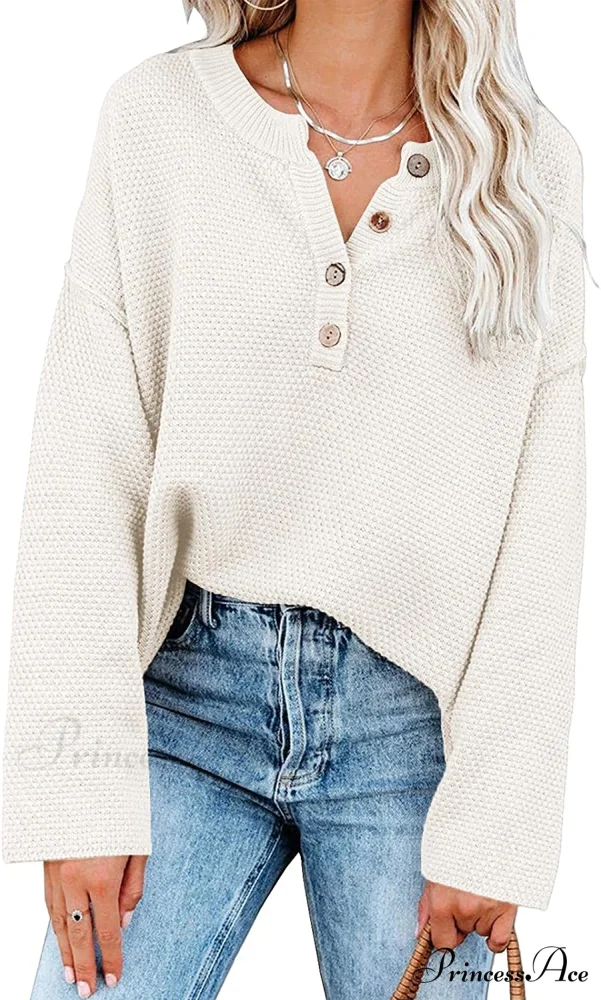 Women's Batwing Long Sleeve Loose V Neck Button Top - Image 4