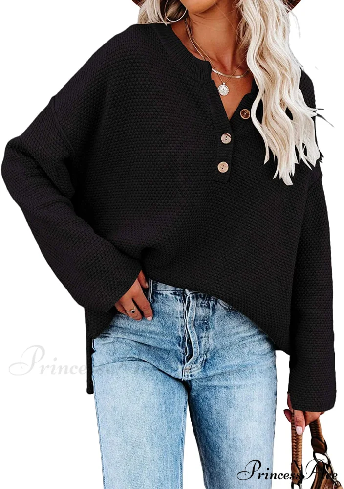 Women's Batwing Long Sleeve Loose V Neck Button Top - Image 7