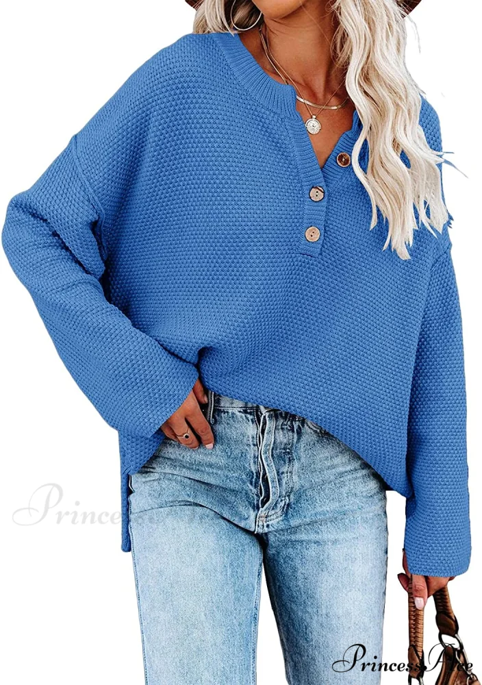 Women's Batwing Long Sleeve Loose V Neck Button Top - Image 8
