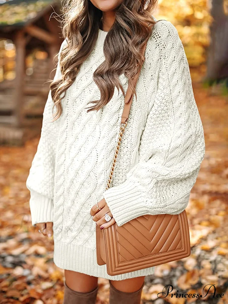 Women Long Sleeve Oversized Cable Knit Sweater Dress - Image 3