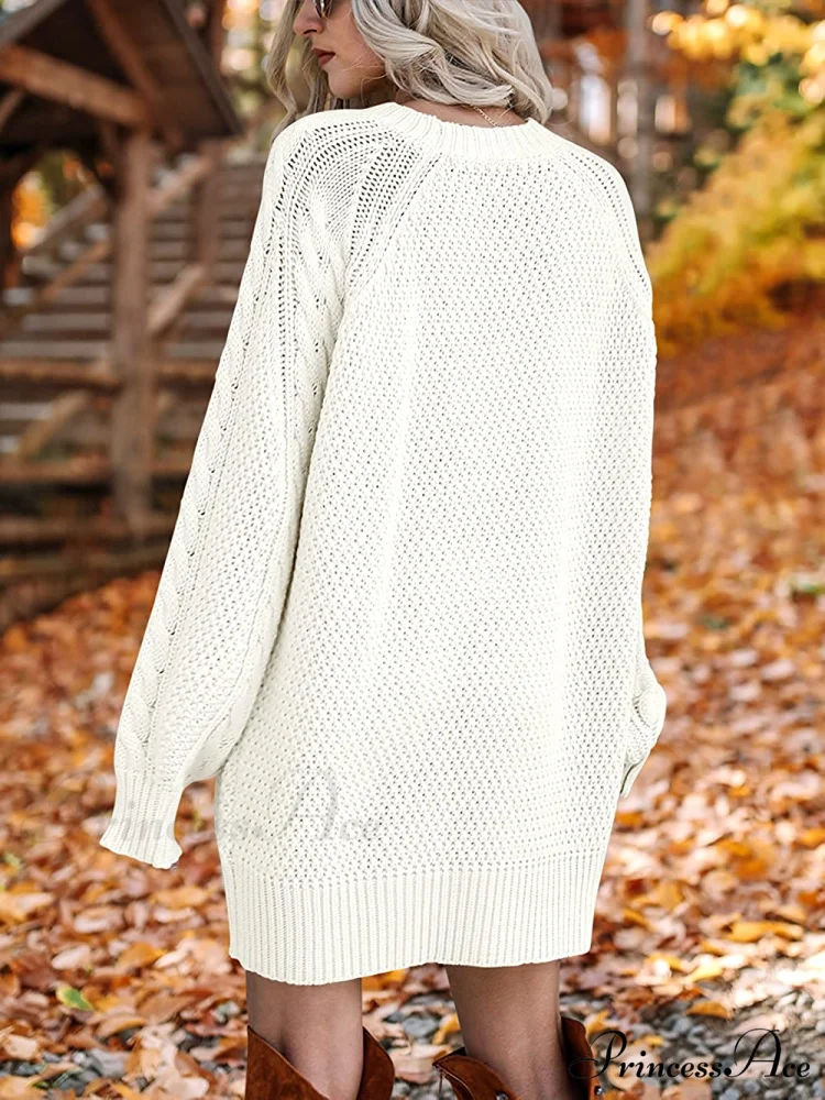 Women Long Sleeve Oversized Cable Knit Sweater Dress - Image 4