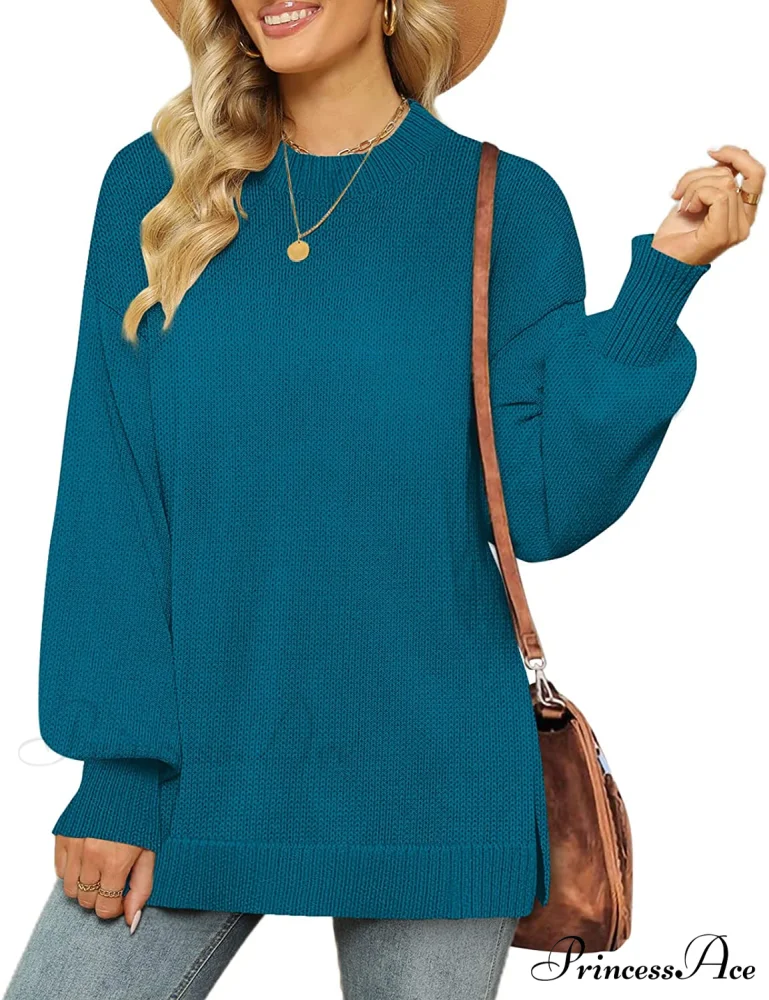 Women's Crew Neck Lantern Sleeves Side Slit Ribbed Sweater - Image 10