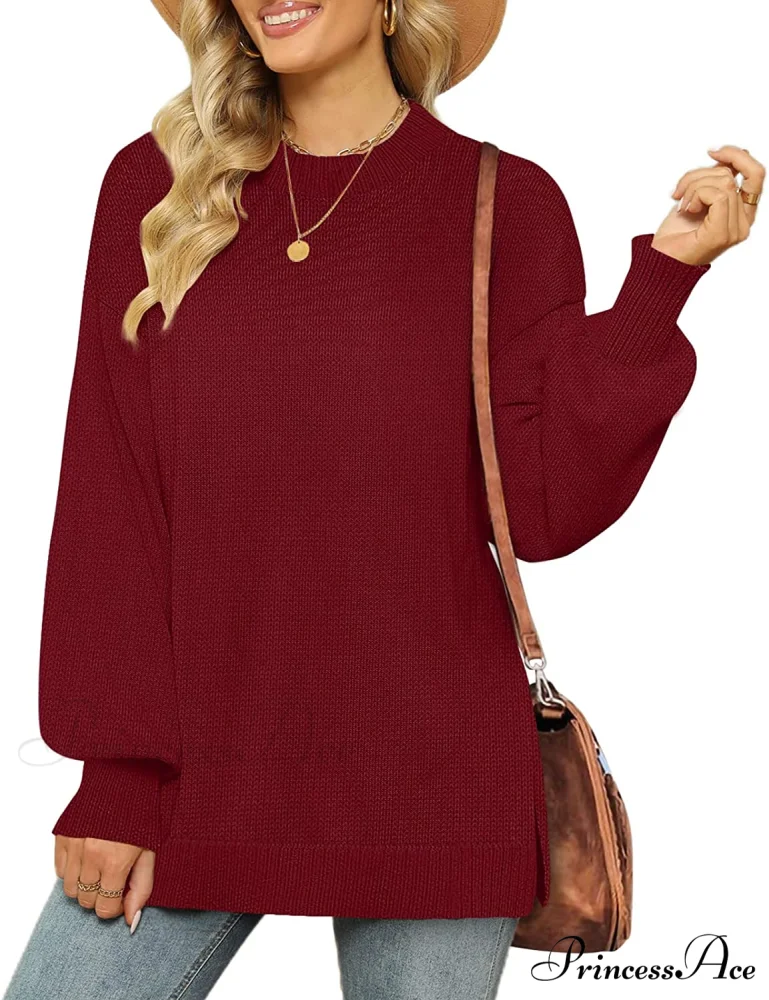 Women's Crew Neck Lantern Sleeves Side Slit Ribbed Sweater - Image 11