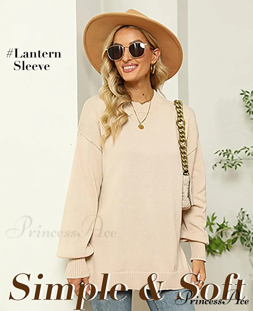 Women's Crew Neck Lantern Sleeves Side Slit Ribbed Sweater - Image 2