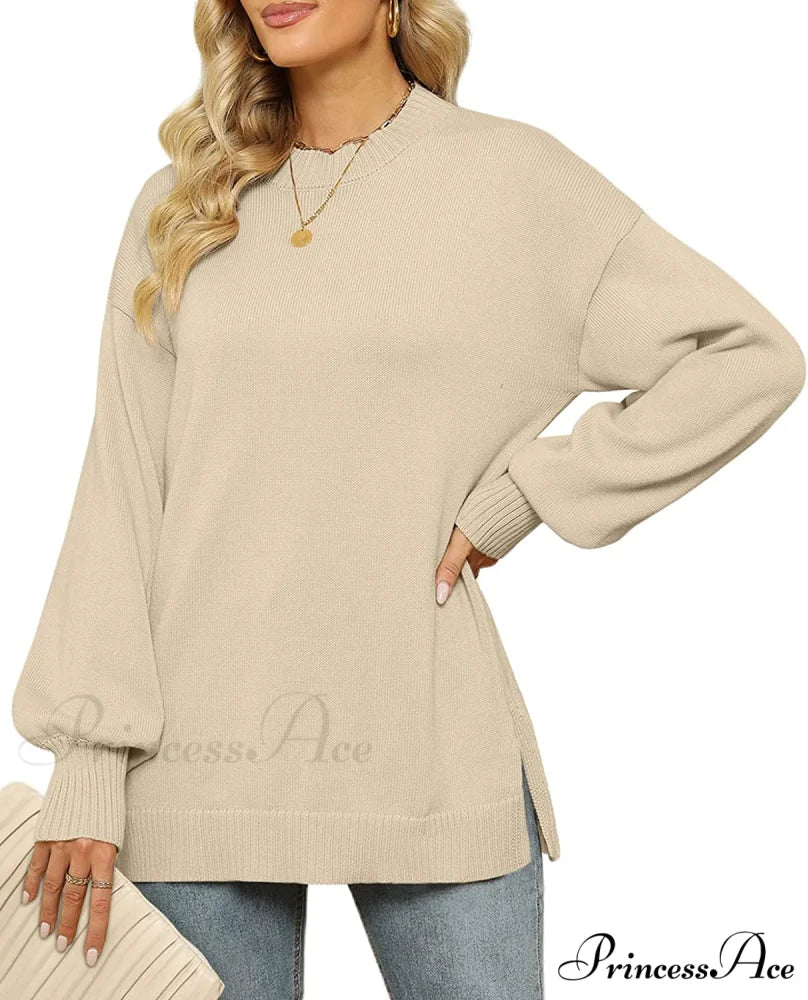 Women's Crew Neck Lantern Sleeves Side Slit Ribbed Sweater - Image 3