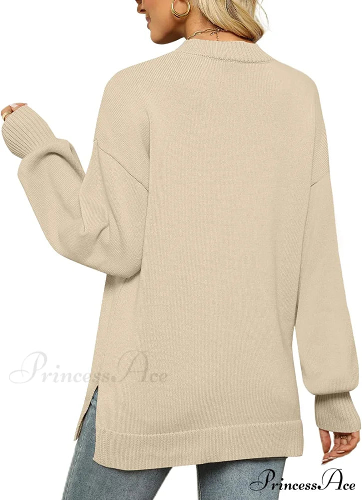 Women's Crew Neck Lantern Sleeves Side Slit Ribbed Sweater - Image 4